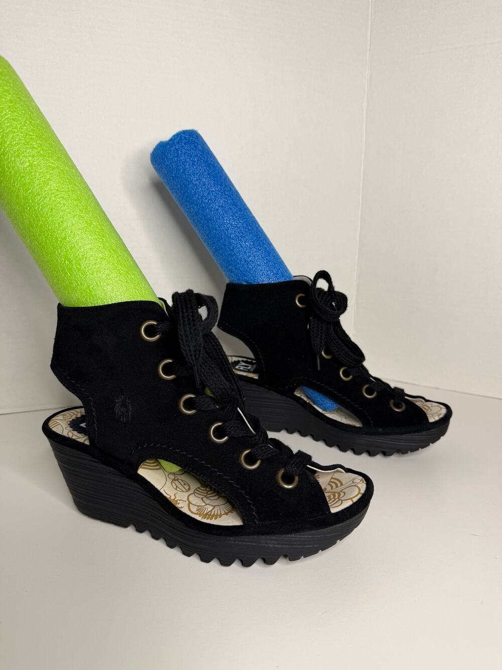 Fly London YABA Black Suede Wedge Heel Lace Up Sandals Size 39